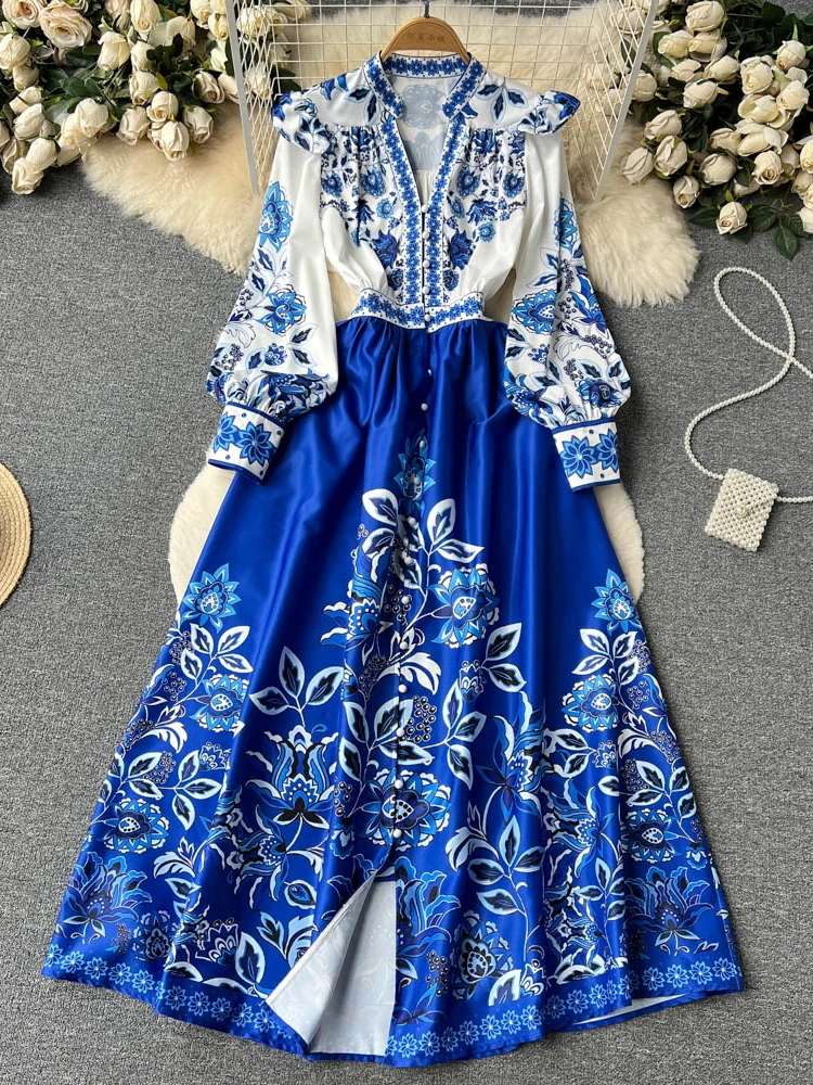 Hikigawa chic kvinder forårskjole med v-hals og pufærmer, vintageprint, feriekjoler til strand, midi-kjoler til kvinder