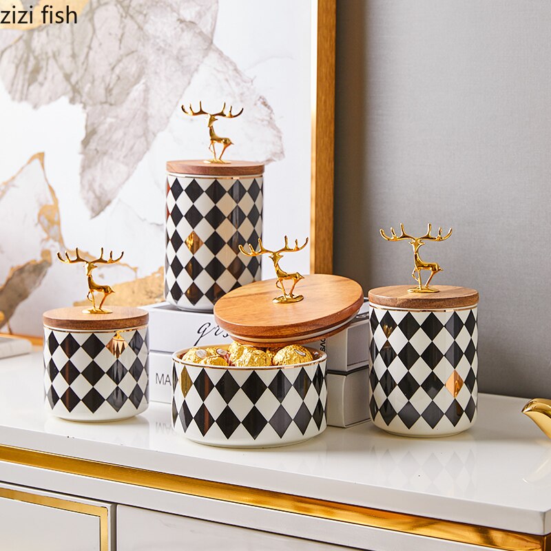 Ceramic Storage Jars Black and White Grid Porcelain Storage Jar Golden Deer Cover Tea Canister Coffee Pot Organizer