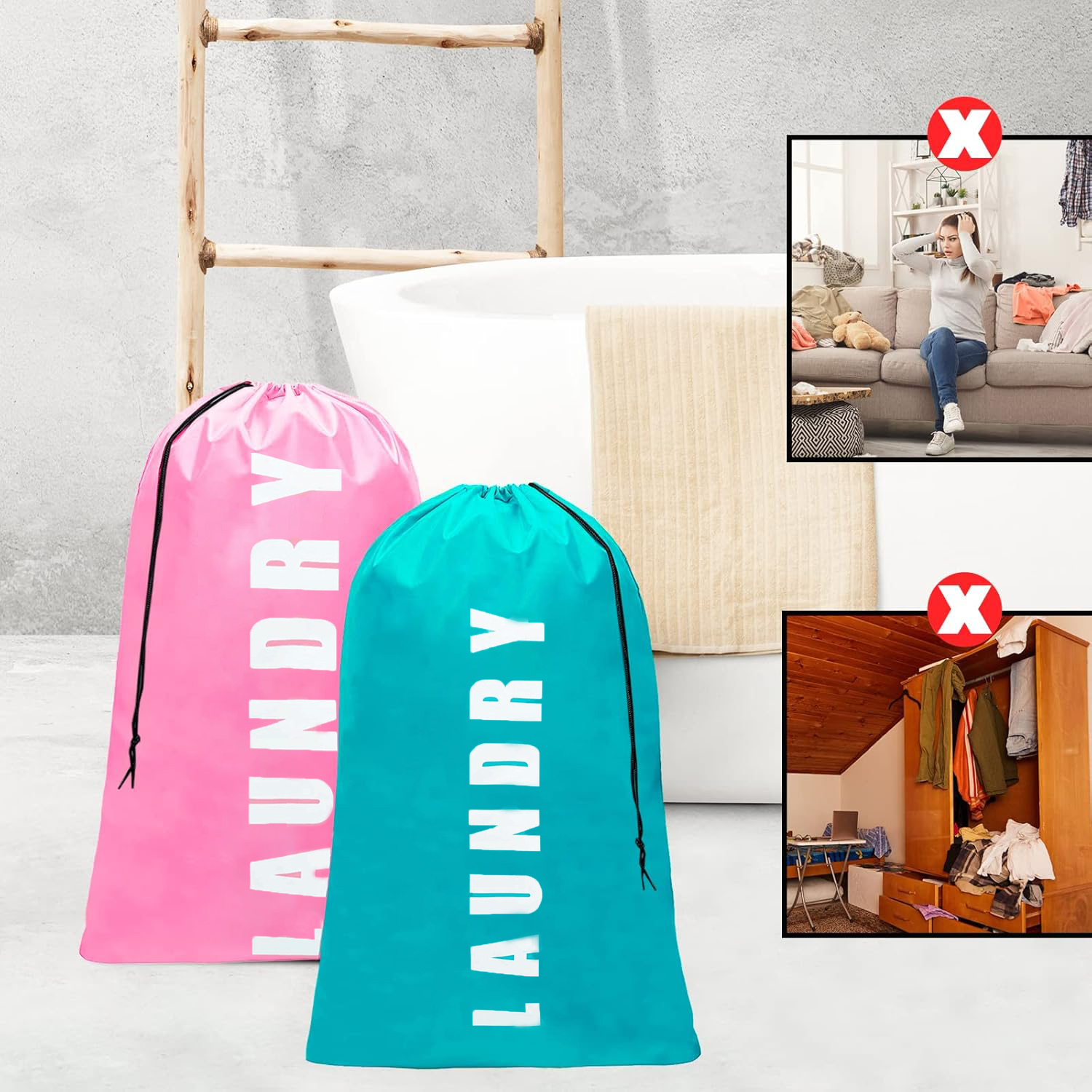 Tvättpåse ,2- pack resetvättpåsar för smutsiga kläder, stora tvättpåsar för resor, resepåse för smutsiga kläder , 24 "  x 36 "