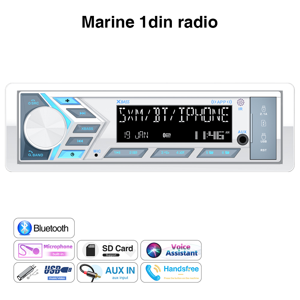 1Din Marine Stereo MP3 Receiver Bluetooth Boat Radio Digital LCD Display AM FM SD AUX Audio For Yacht Gauge ATV UTV RV Golf Cart: Red