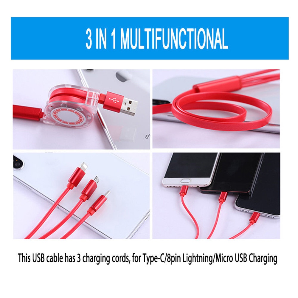 3 in 1 intrekbare multi-usb-oplaadkabel, micro-usb-type c-snoer, mobiele telefoonoplader, multifunctionele verlengkabel, datakabel