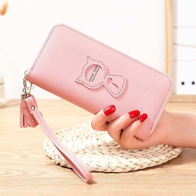 Women Wallet PU Leather Card Holder Coin Purses Zipper Long Female Wallet Cat Applique Cellphone Bag Lady: L1