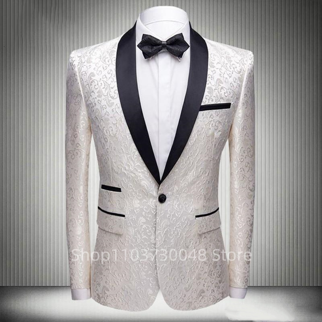 Weißer Jacquard-Blazer für Herren mit Schalkragen, Ein-Knopf-Dinnerjacke, elegante Slim-Fit-Anzugjacke, ein Mantel für die Hochzeitsfeier