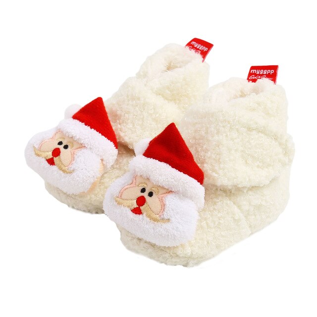 Merry Christmas Party Baby Girls Boys Booties Lovely Winter Warm Cartoon Pattern Fleece Slippers Anti-Slip Newborn Crib Shoes: White / 11