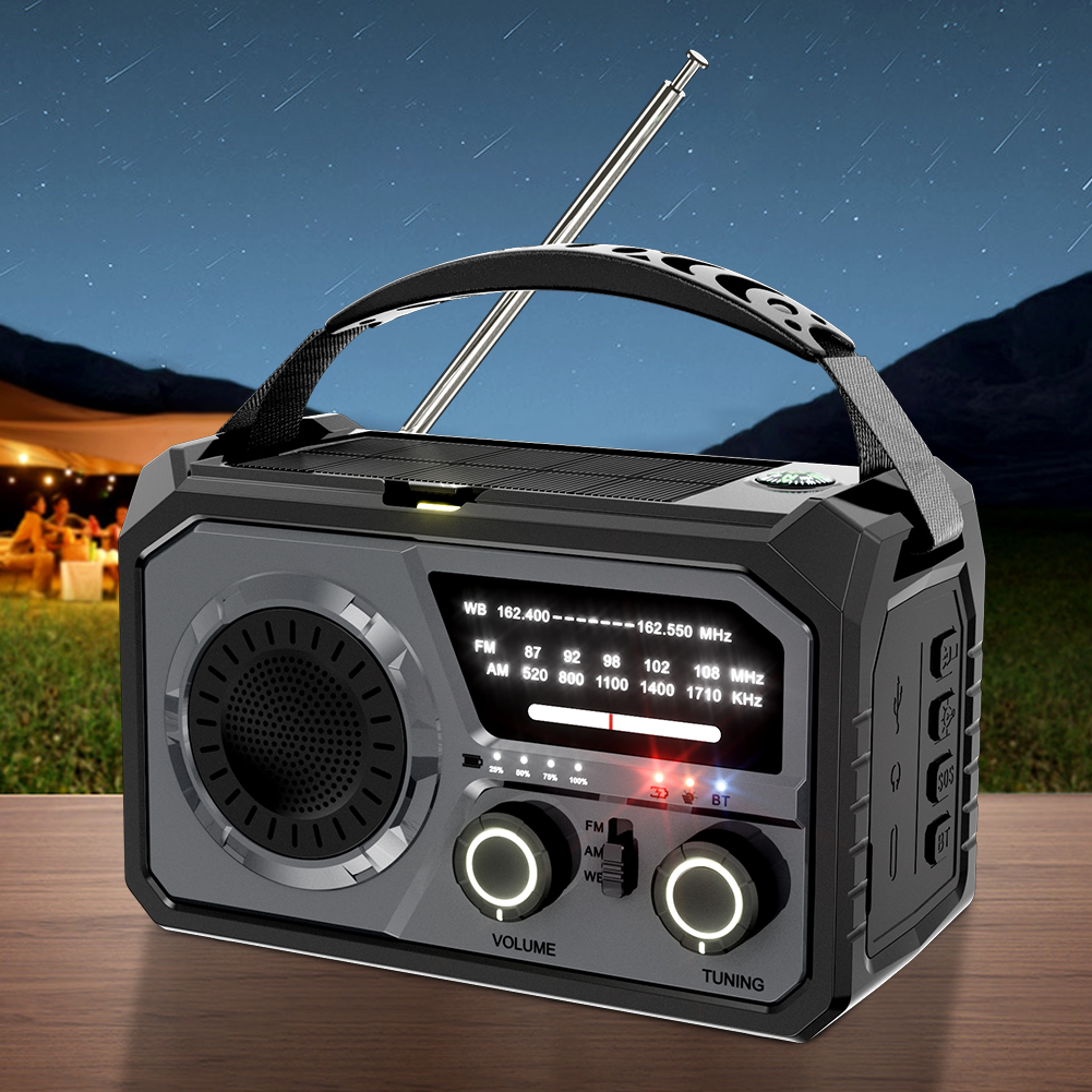 AM/FM/WB NOAA Emergency Weather Radio 16000mAh Bluetooth Speaker Hand Crank/Solar/Type-C Charging Survival Radio LED Flashlight
