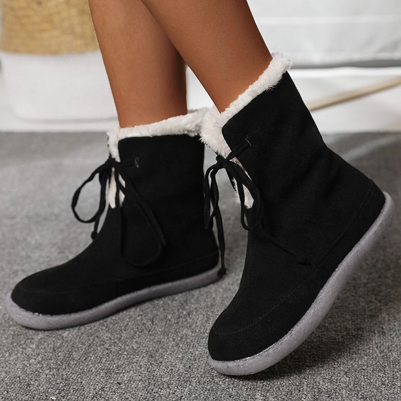 Femmes bottes de neige mi-mollet chaussures antidérapant hiver dames chaussures plates décontracté lacets en peluche chaussures femme grande taille: Black / 7.5