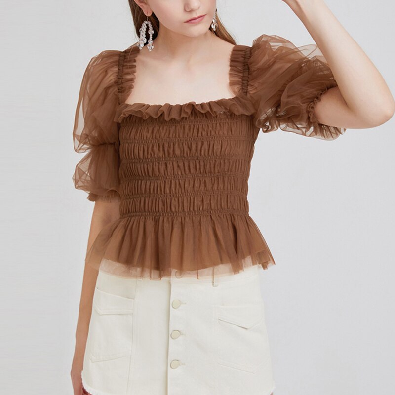 Twotwinstyle söt stil patchwork mesh dam skjorta fyrkantig krage puff halvärm tunika patchwork volanger korta blusar kvinnlig