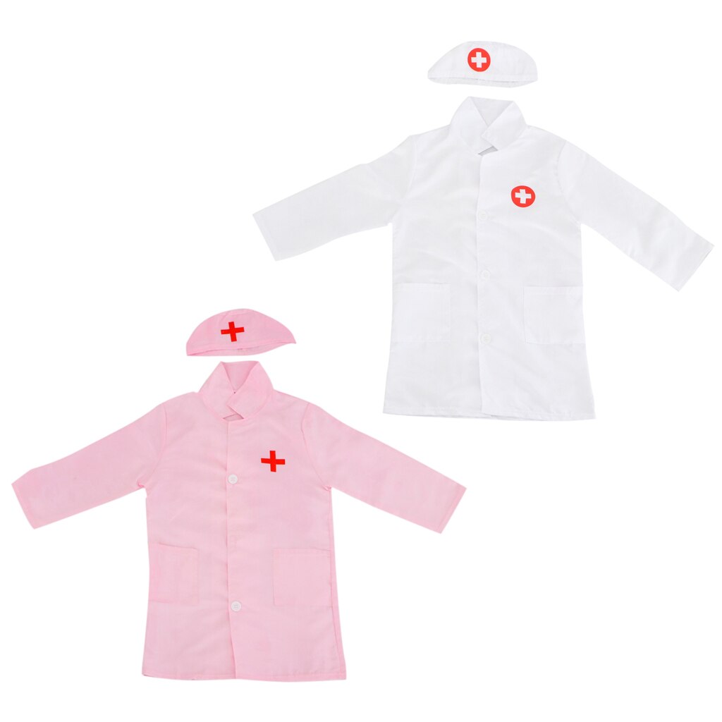Kids Long Sleeve Doctors Uniform, Children Nurse Costume Lab Coat &amp; Cap Pretend Play Dress Suit Set