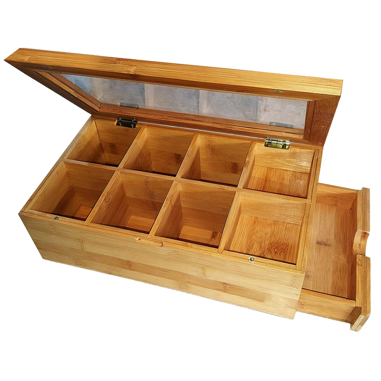 Caja de té, cofre Natural con tapa transparente con bisagras, 8 secciones de almacenamiento con cajón expandible