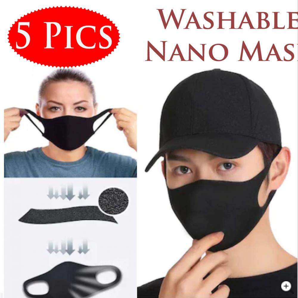 5x Masker Naadloze Wasbare Nano Masker Herbruikbare Flexibele Stof Zwart Masker Dompelpompen Masker Nano Technologie Wasbare
