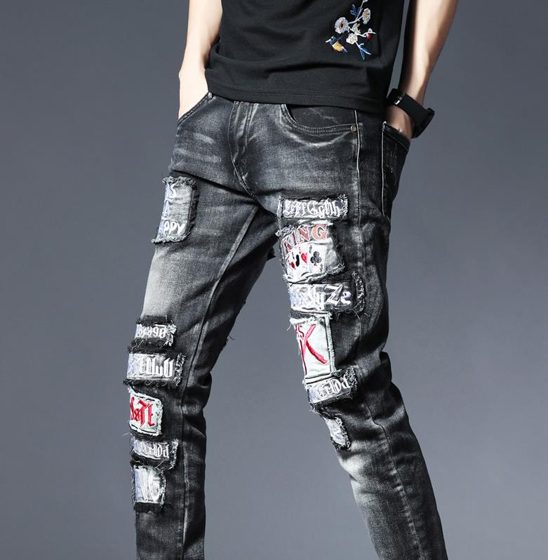 Pantalones vaqueros rasgados y ajustados a la para hombre, pantalones vaqueros elásticos deshilachados, pantalones vaqueros con parches bordados Retro, vaqueros de Hip Hop Rock
