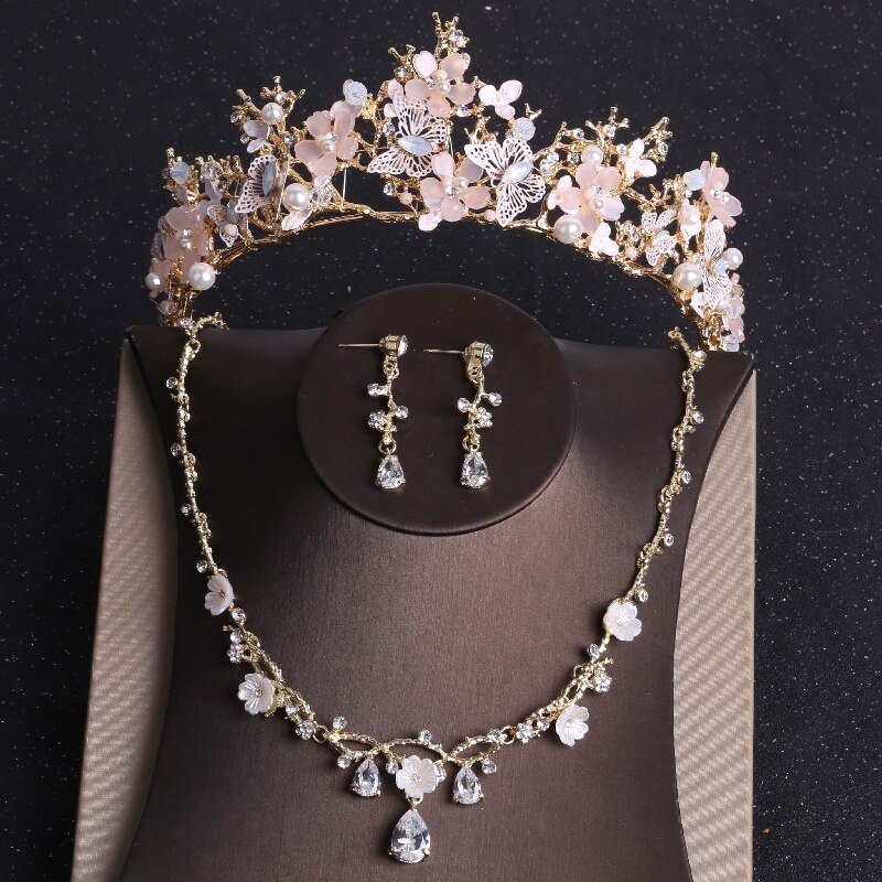 Barroco ouro borboleta cristal traje conjuntos de jóias strass tiara nupcial feminino conjunto de jóias de casamento gargantilha colar brincos