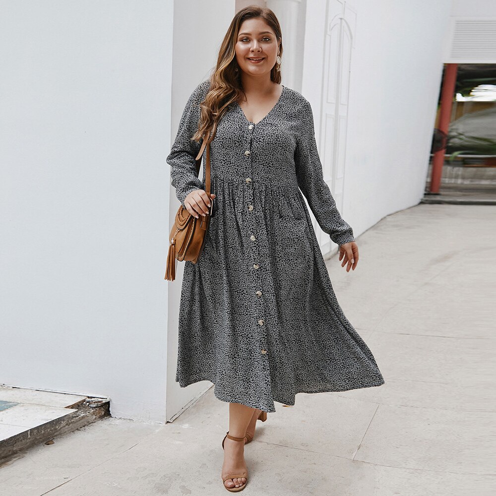 Mode Vrouwen Zomer Lange Mouw Jurk Plus Size V-hals Bloemenprint Knoppen Casual Jurk Zakken Maxi Lange Jurken: Black / XL