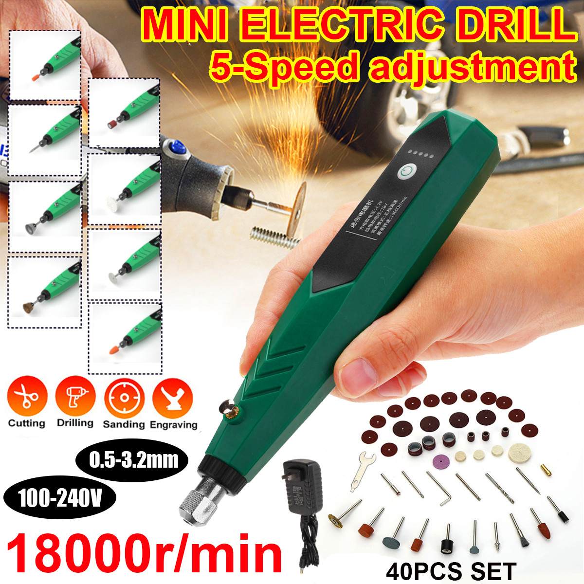 18000 tpm roterende gereedschap houtbewerking graveerpen 147 stuks set 5 snelheden diy voor sieraden metaal glas mini elektrische boor met boortje: Set van 40 stuks