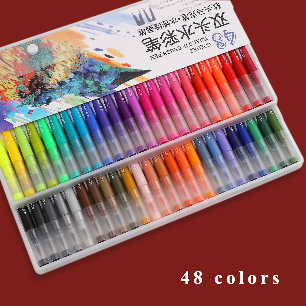 100 Stks/doos Dubbele Kop Tekening Aquarel Pen Set Student Kleur Borstel Schets Pen 0.4Mm Haak Lijn Pen Art levert: 48 colors