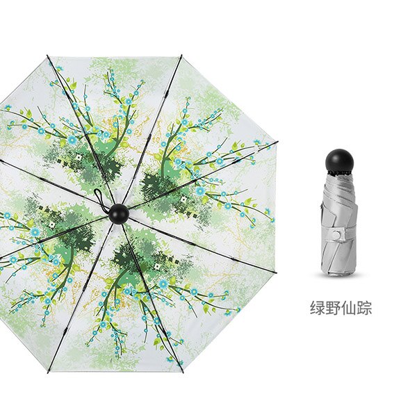 UPF50 + Mini Paraplu 8 Ribben Draagbare Vijf opvouwbare Paraplu UV Bloem Paraplu Regen Vrouw Parasol Titanium Zon paraguas: flower style green