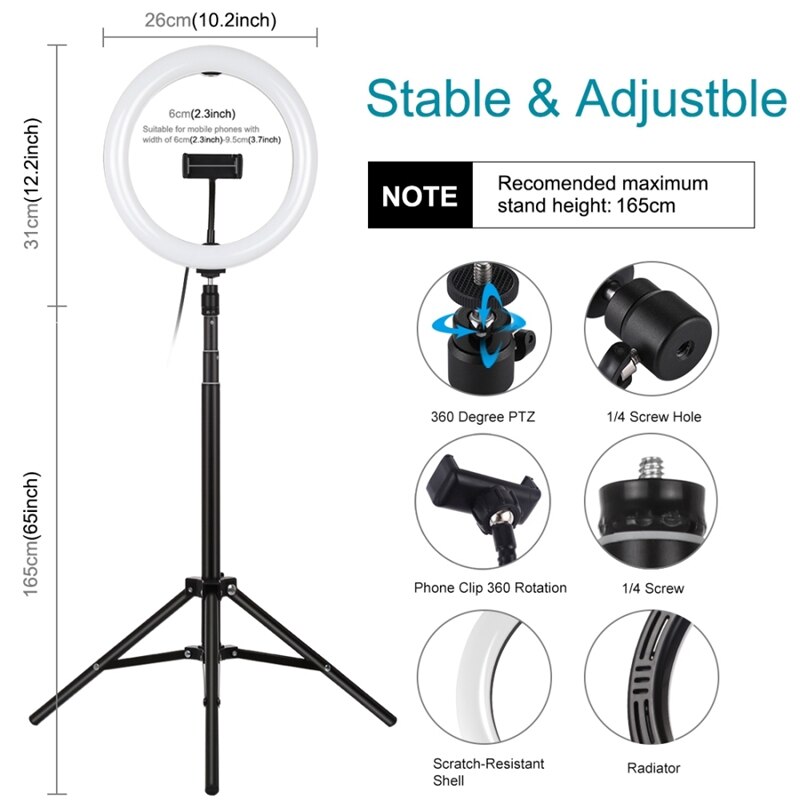 PULUZ 10.2 Inch Dimmable Selfies Ring Light 1.65M Light Stand Phone Holder Vlog Photo Video Light for Makeup Live Instagram