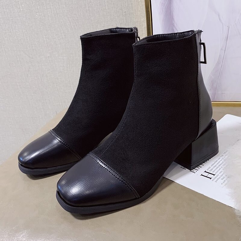 Kvinner ankelstøvletter dame semsket skinn glidelås firkantet tå pu lær hælsko kvinner chunky kvinnelige chelsea boots