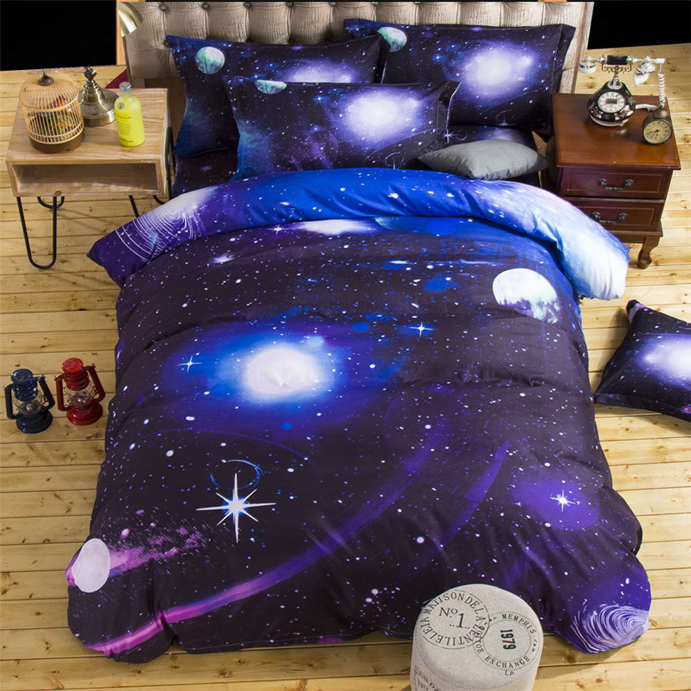 3D Bedding Sets Universe Outer Space Quilt Duvet Cover Bed Sheet Blue Galaxy Sell Pillowcase Twin Que: Blue / Queen
