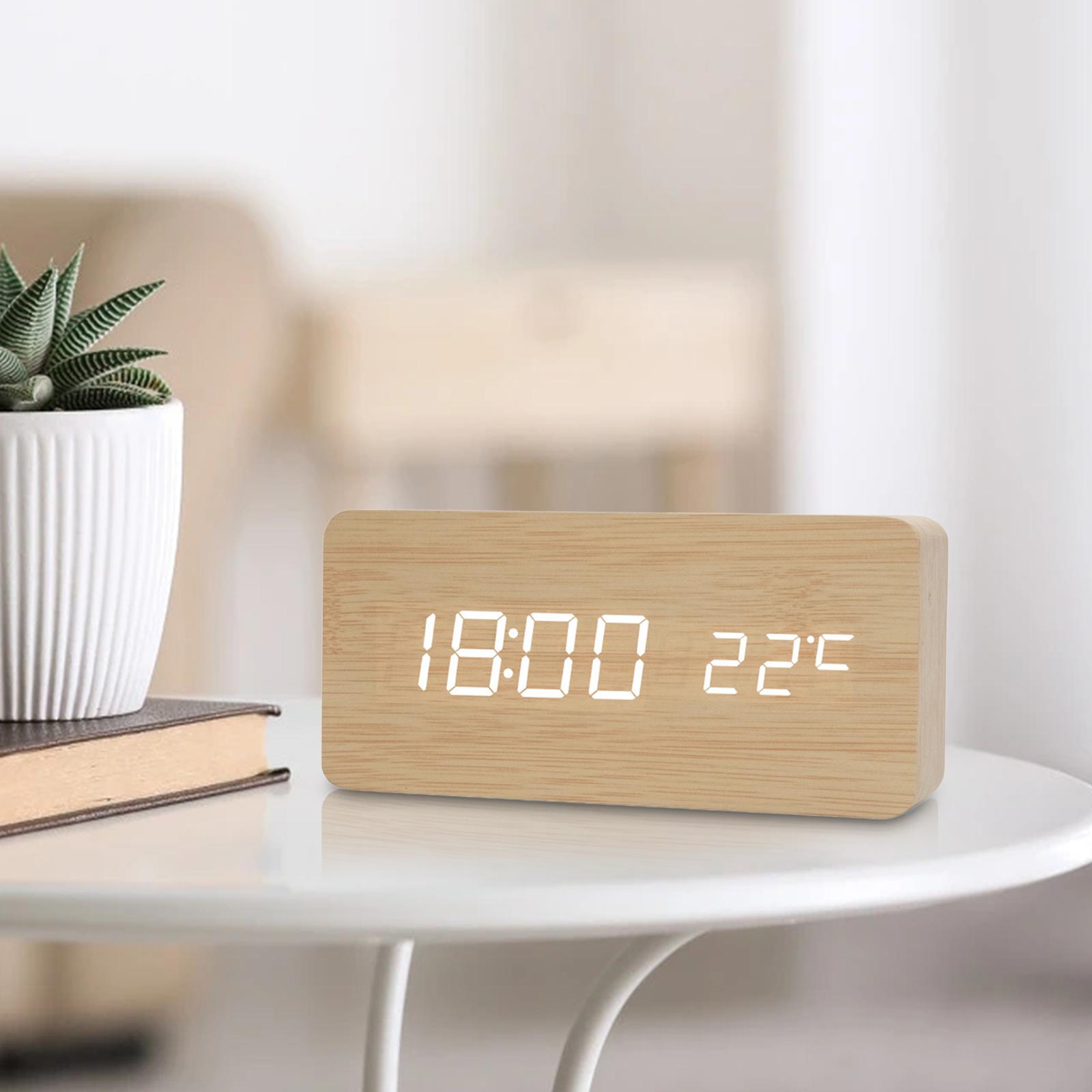 Large Digital Alarm Clock Battery Powered/USB Temperature Date Display Thermometer 3 Alarm Setting Wooden LED for Tabletop Kids: Beige