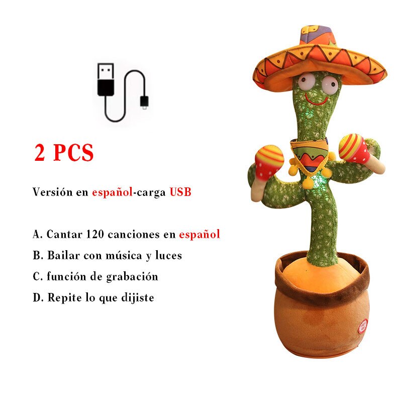 cactus dansant usb Rechargeable avec son en espagnol pour bébés, jouet Parlant russe: I Spanish USB 2PCS