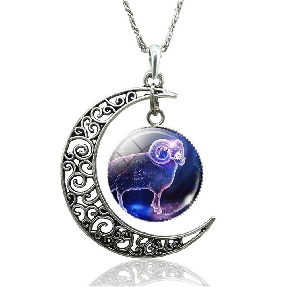 Collar de 12 constelaciones de astrología y horóscopo, colgante de cristal de Luna, collar del zodiaco para mujeres y hombres, de joyería de cumpleaños: Color acero