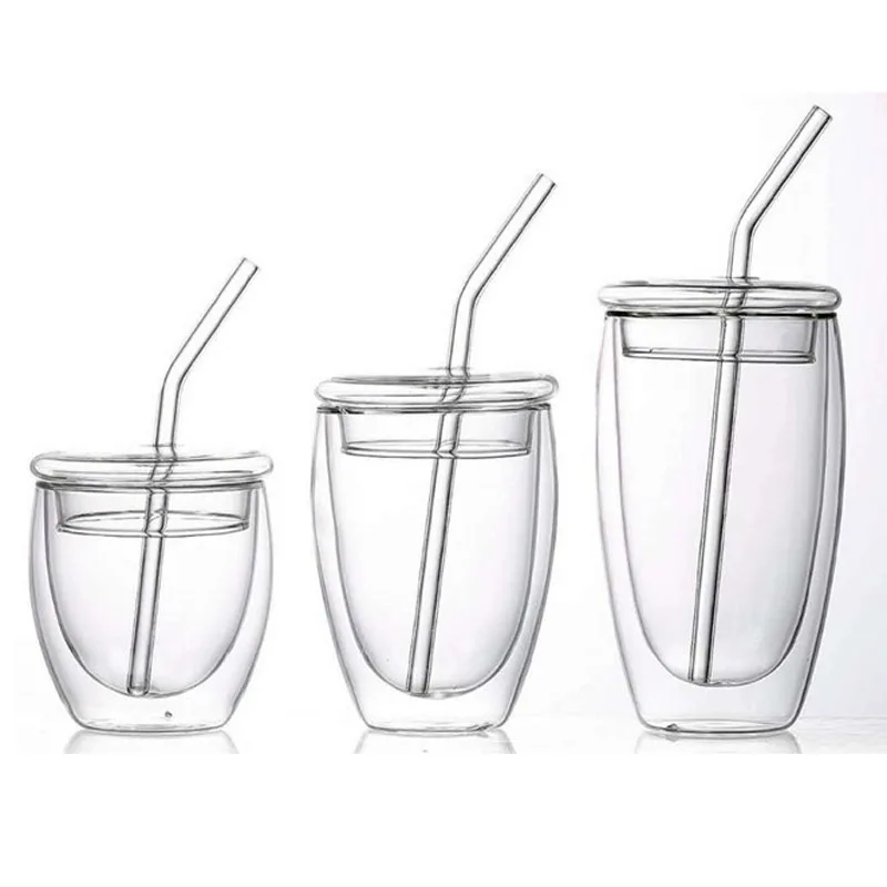 450ml Double-layer Glass Insulated Dessert Coffee Mug with Lid Straw Milk Jug Transparent Sealed Cup Drinkware