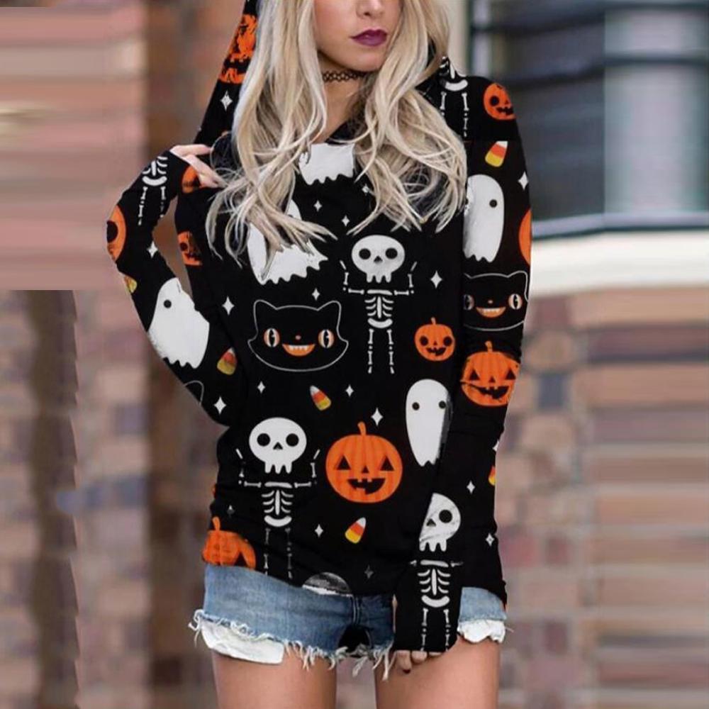 Halloween kostume kvinder hættetrøje halloween printet spøgelsesgræskar skjorter med hætte lange ærmer toppe halloween kostumer til kvinder