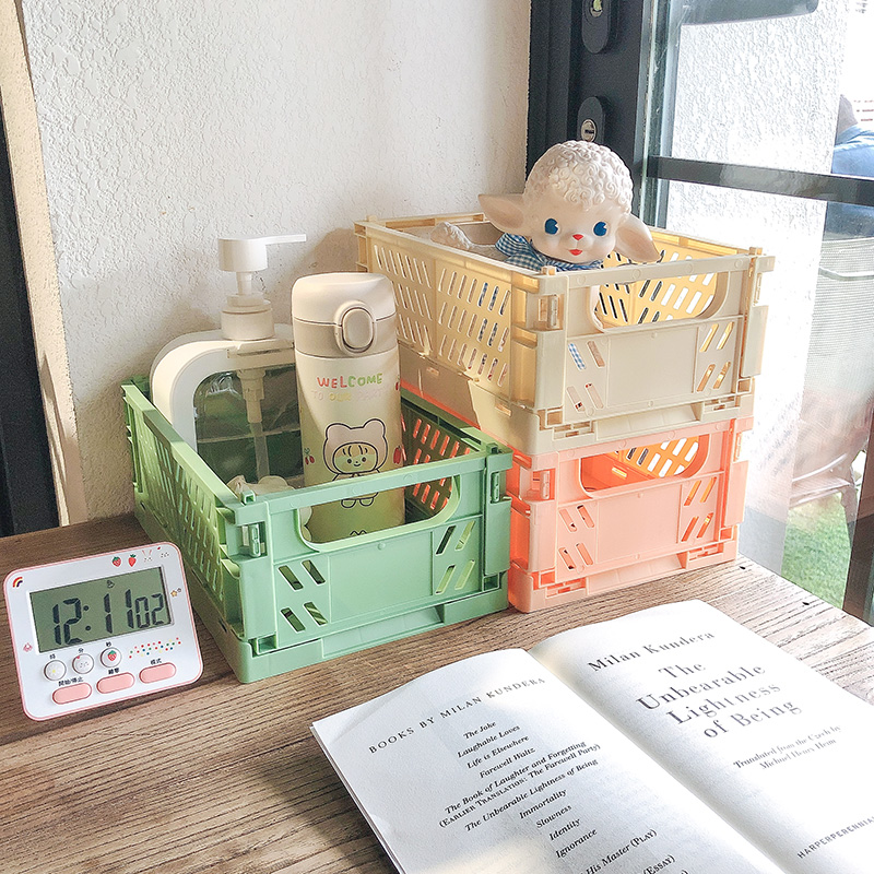 Cesta de almacenamiento plegable de escritorio Ins, caja de almacenamiento apilable de plástico para artículos diversos, juguete, aperitivos, organizador de escritorio Kawaii para estudiantes
