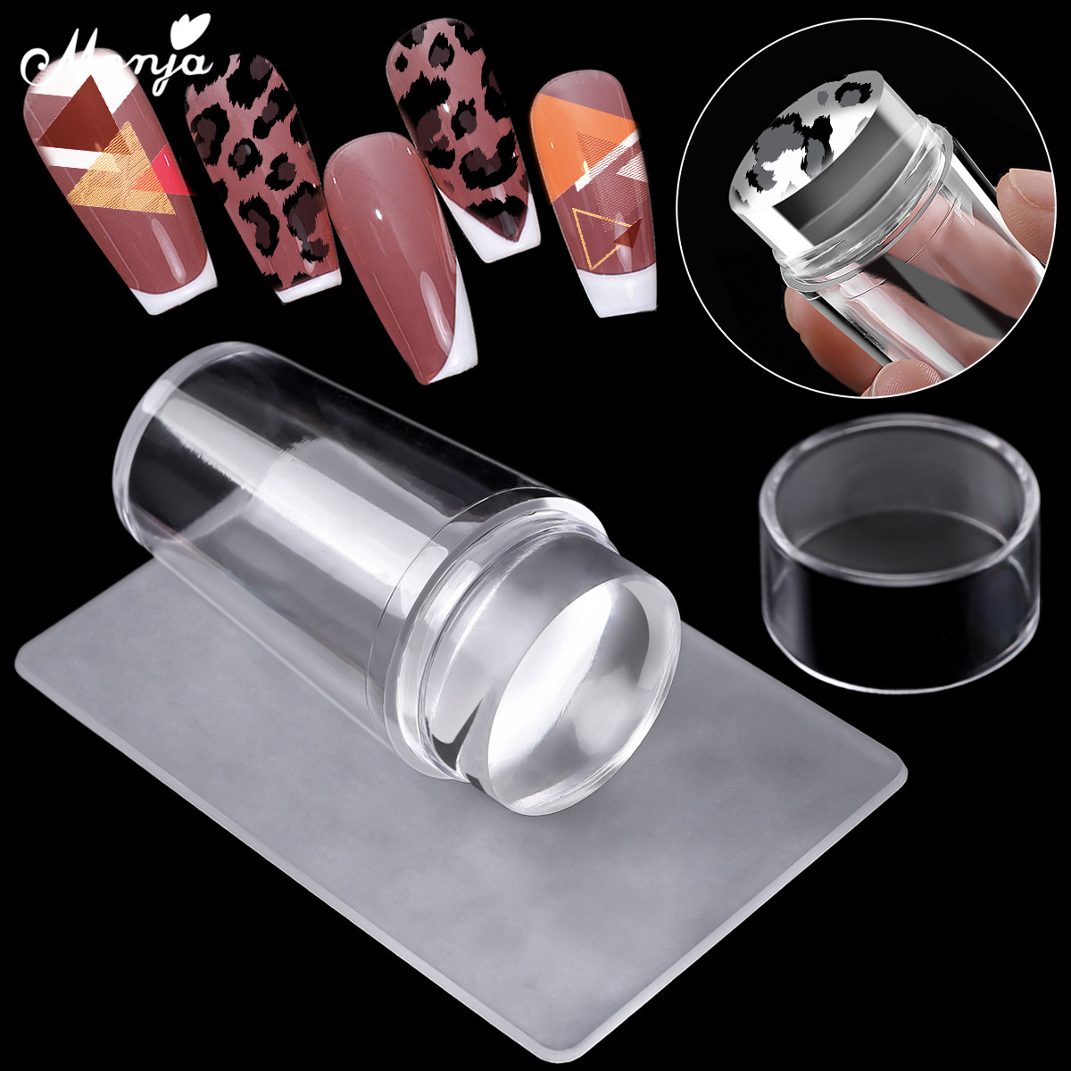 Monja 2 Stuks Transparante Siliconen Plastic Nail Uv Gel Stempelen Sjablonen Patroon Nail Art Stempel Plaat Transfer Tool Manicure Kit
