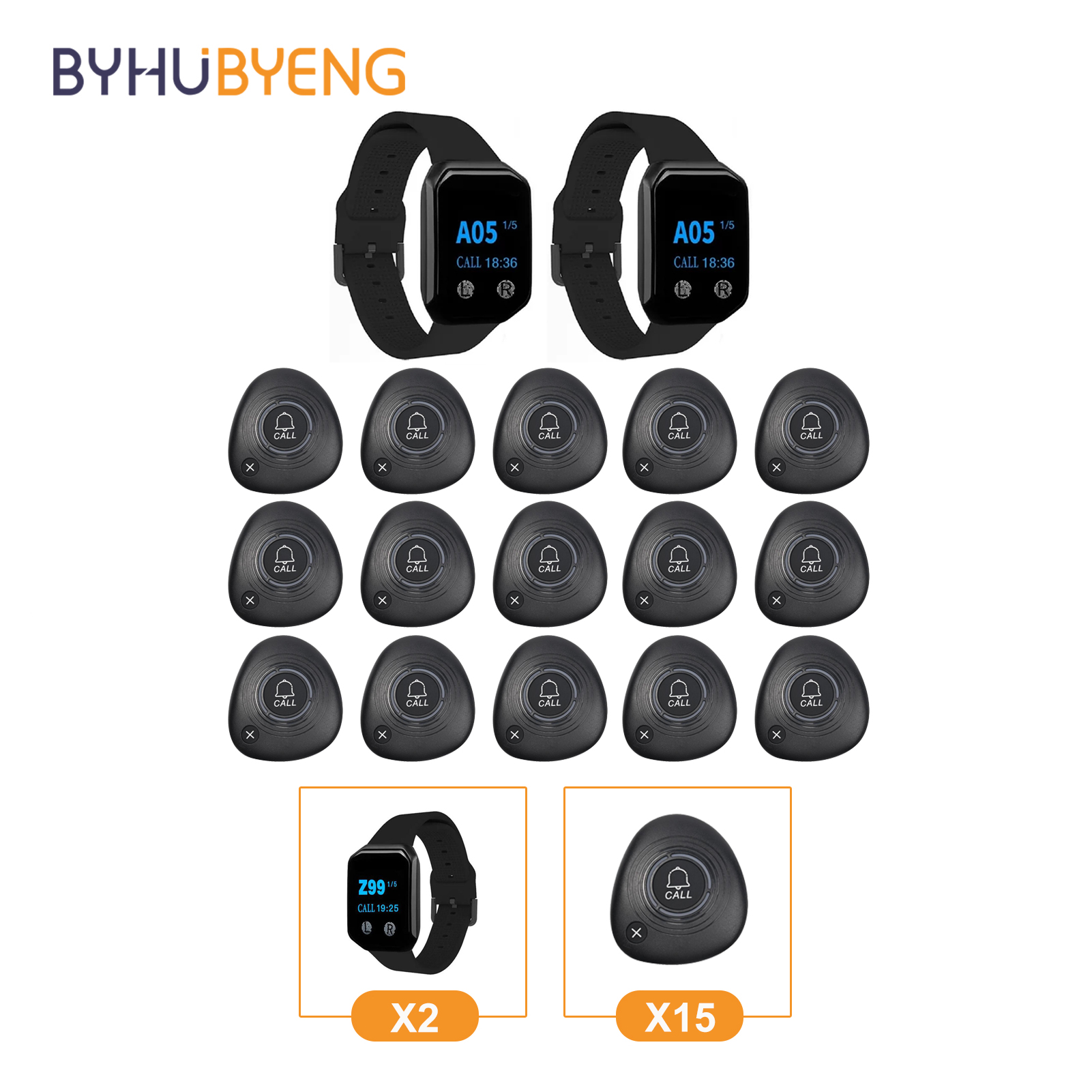Wireless Restaurant Guest Pager System Waterproof Watch Receiver + Call Button Customer Service for Clinic Cafe Barber Shop Gym