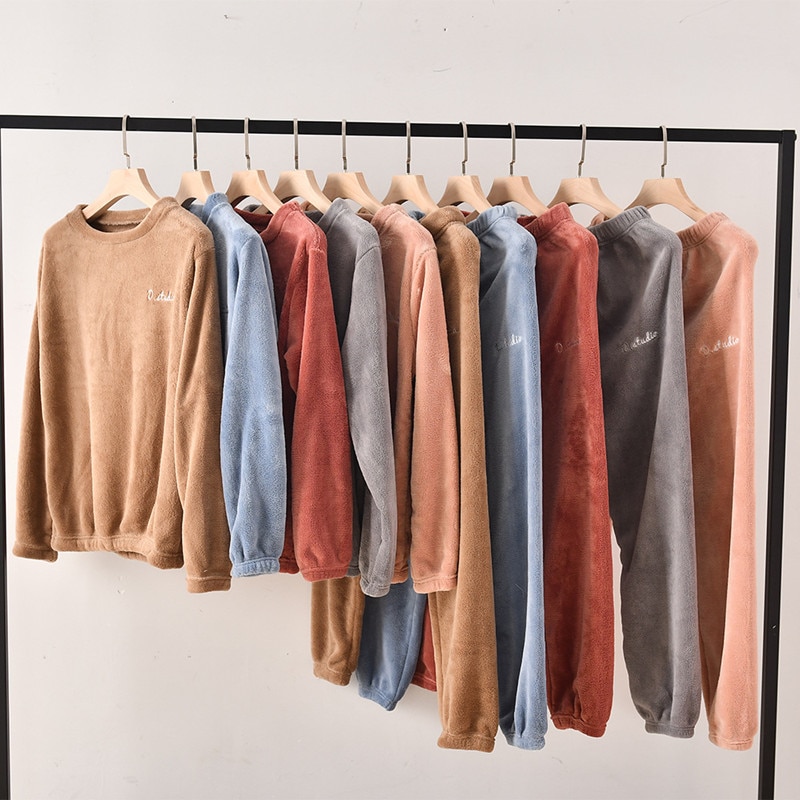 Fdfklak flanellen huiskleding dikke warme dames pyjamaset lange mouwen lange broek pyjama dames casual nachtkleding pyjama vrouw