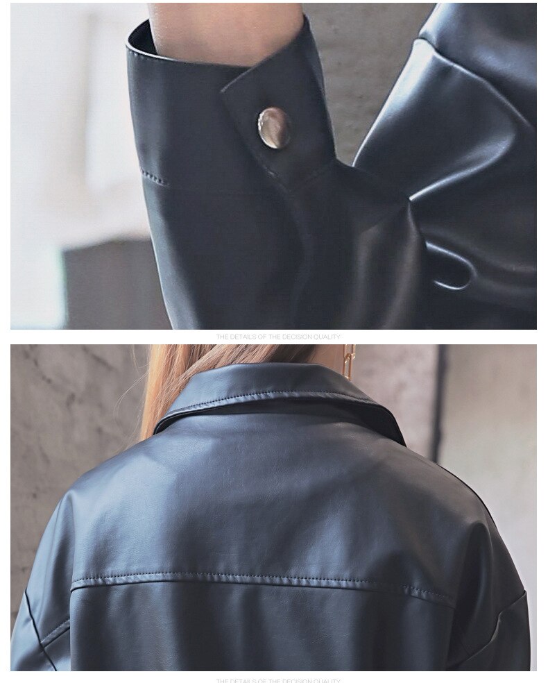¡Novedad de ! Chaqueta holgada de piel sintética para mujer, chaqueta clásica de motociclista para primavera y otoño, abrigo básico de talla grande para mujer