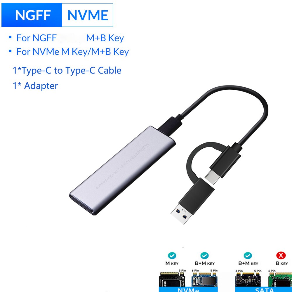 GUDGA Ssd M2 Case NVME Enclosure M.2 to USB Type C 3.1 OTG Adapter Aluminum External hd case For NVME PCIE NGFF SATA M/B Key SSD: Nvme Case Silver