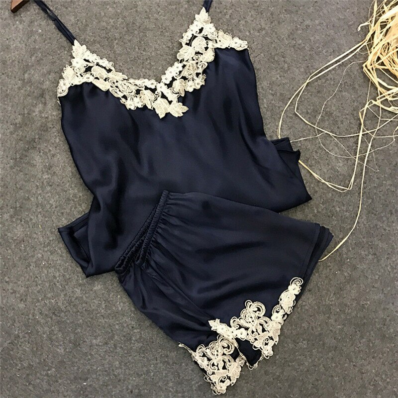 Ladies Sexy Silk Satin Pajama Set Lace Pajama Set Sleeveless Pajama Set V-neck Sleepwear Summer Home Wear Sleep Wear For Women: Blue / S