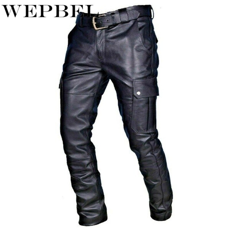 Wepbel Mannen Straight Pu Lederen Broek Biker Moto Lange Lederen Losse Street Style Steampunk Broek Rock Roll Lange Broek
