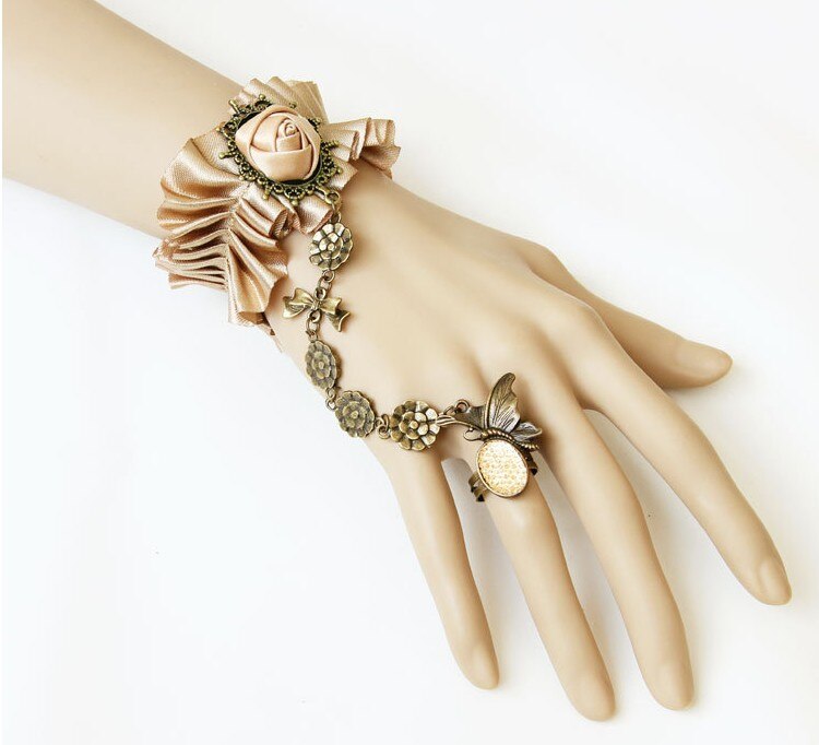 Vintage Champgne Bloemen Vingerloze Mode Armbanden met Ring/Bridal Hand Ketting 321