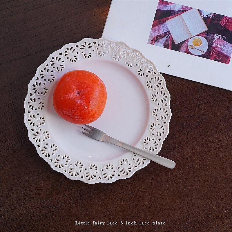 Ceramic 8 Inch Western Food Tray Afternoon Tea Snack Tray European Little Fairy Lace Cutout Pattern Plate