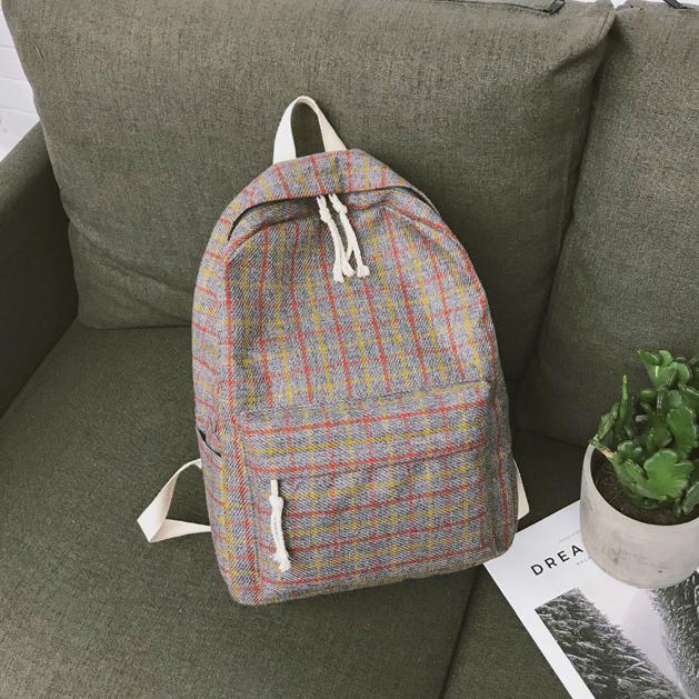 Japanese fresh canvas girl backpack female Korean School schoolbag female student Plaid Backpack: Gray  1set