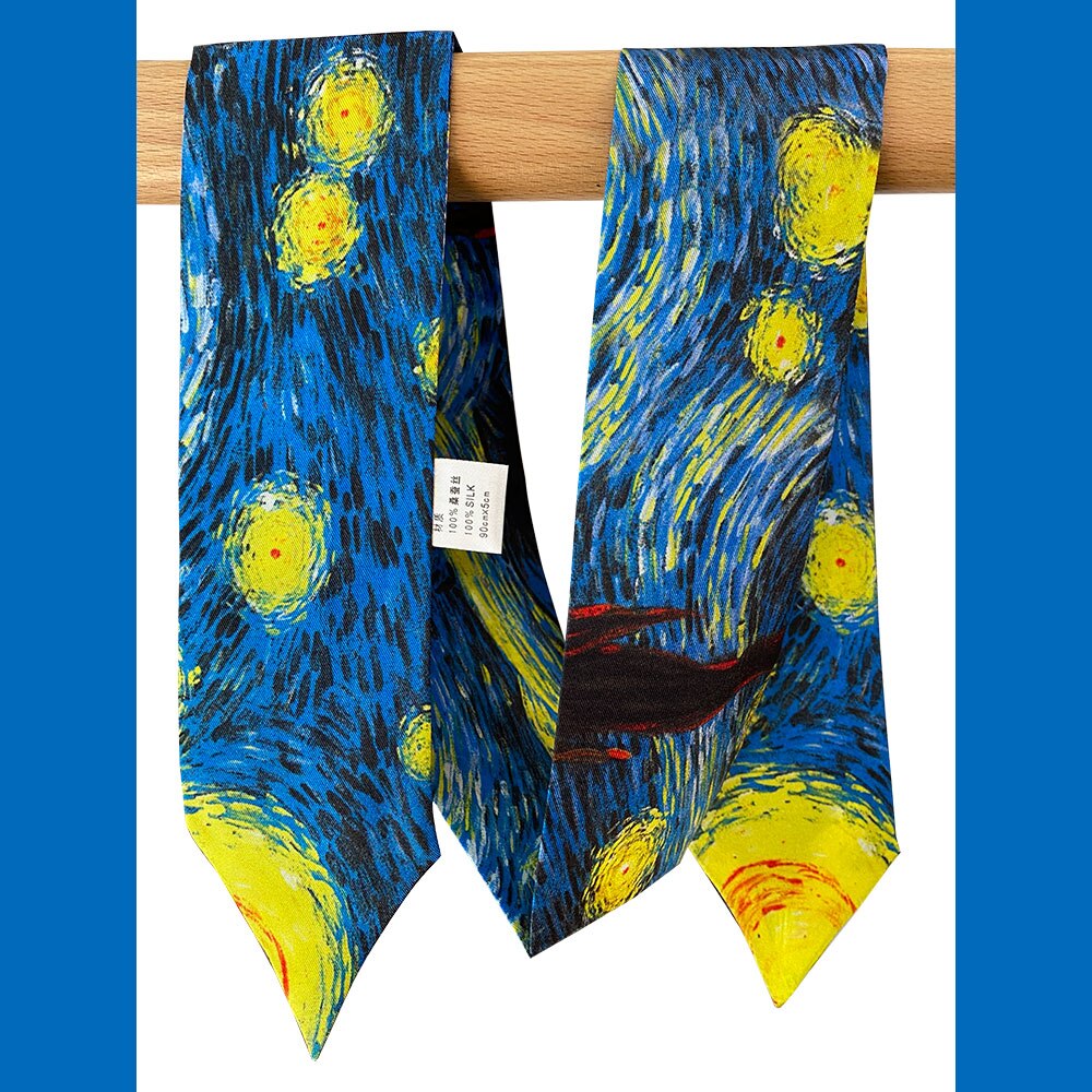 High Natural Silk Skinny Scarf Women Necktie Female Neckscarf Bag Decor Ribbon Long Narrow Neck Tie Scarves for Women: Starry Night