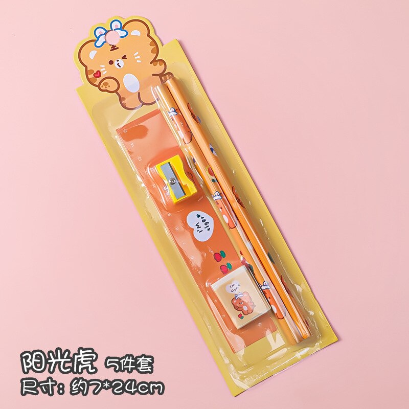 5 In 1 Cartoon Stationery Set Students Learn Pencil Sharpener Eraser Ruler School Drawing Tool Sketch Supplies Kindergarten