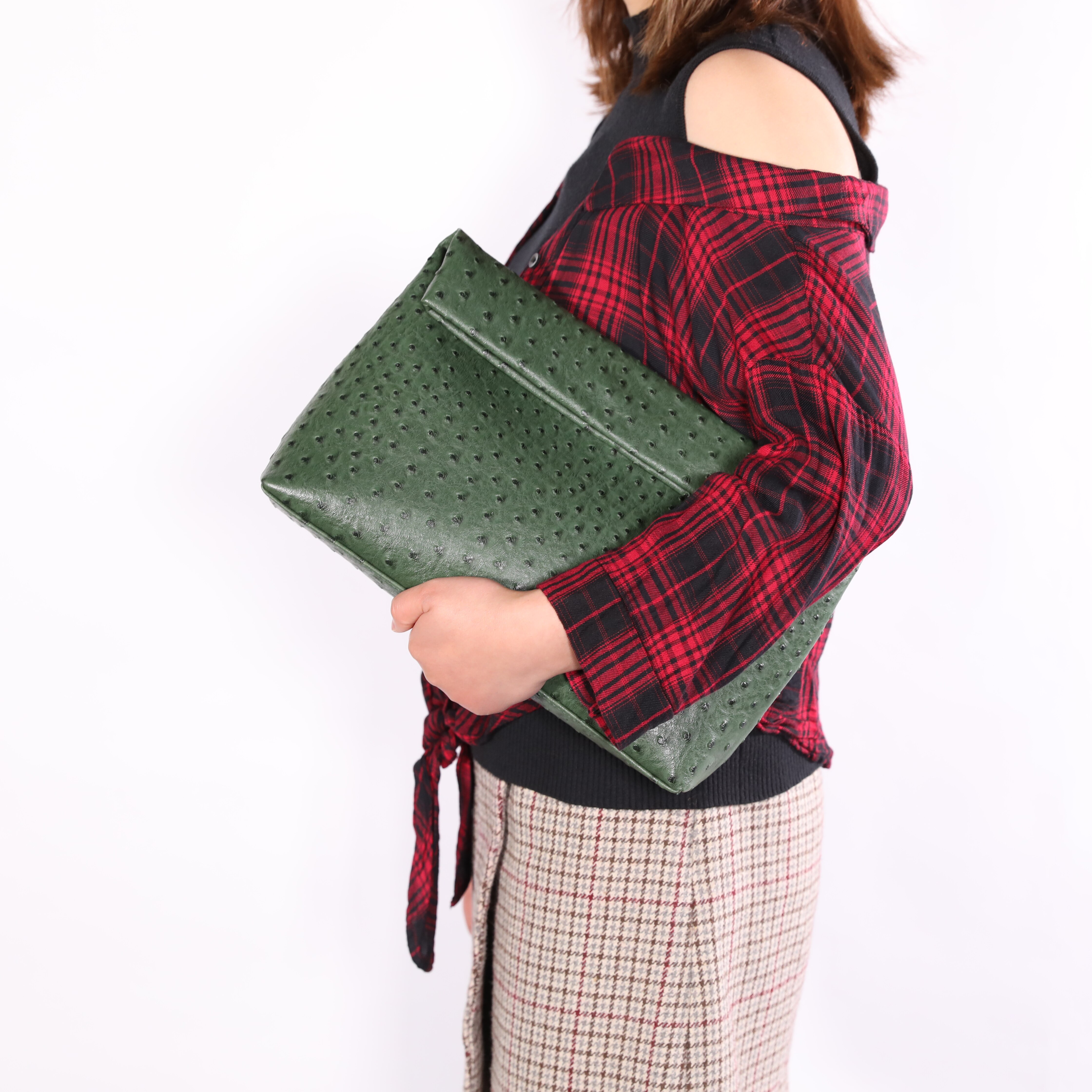 Tophigh Mode Vrouwen Loved Struisvogel Lederen Dag Clutch Bags Ins Handtas Python Pouch Koppelingen Dames Avondfeest: Ostrich Green