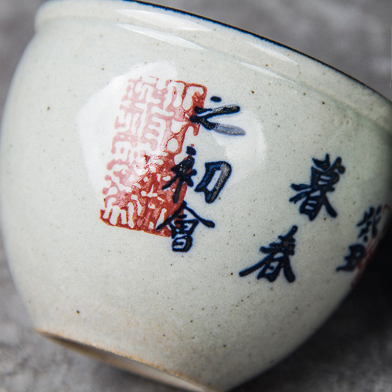120ml Vintage Chinese Calligraphy Pottery Cups Large Wine Tea Cup Set Teaware Blue Tea Bowl Ceremony Antique Teacup Coffee Mugs