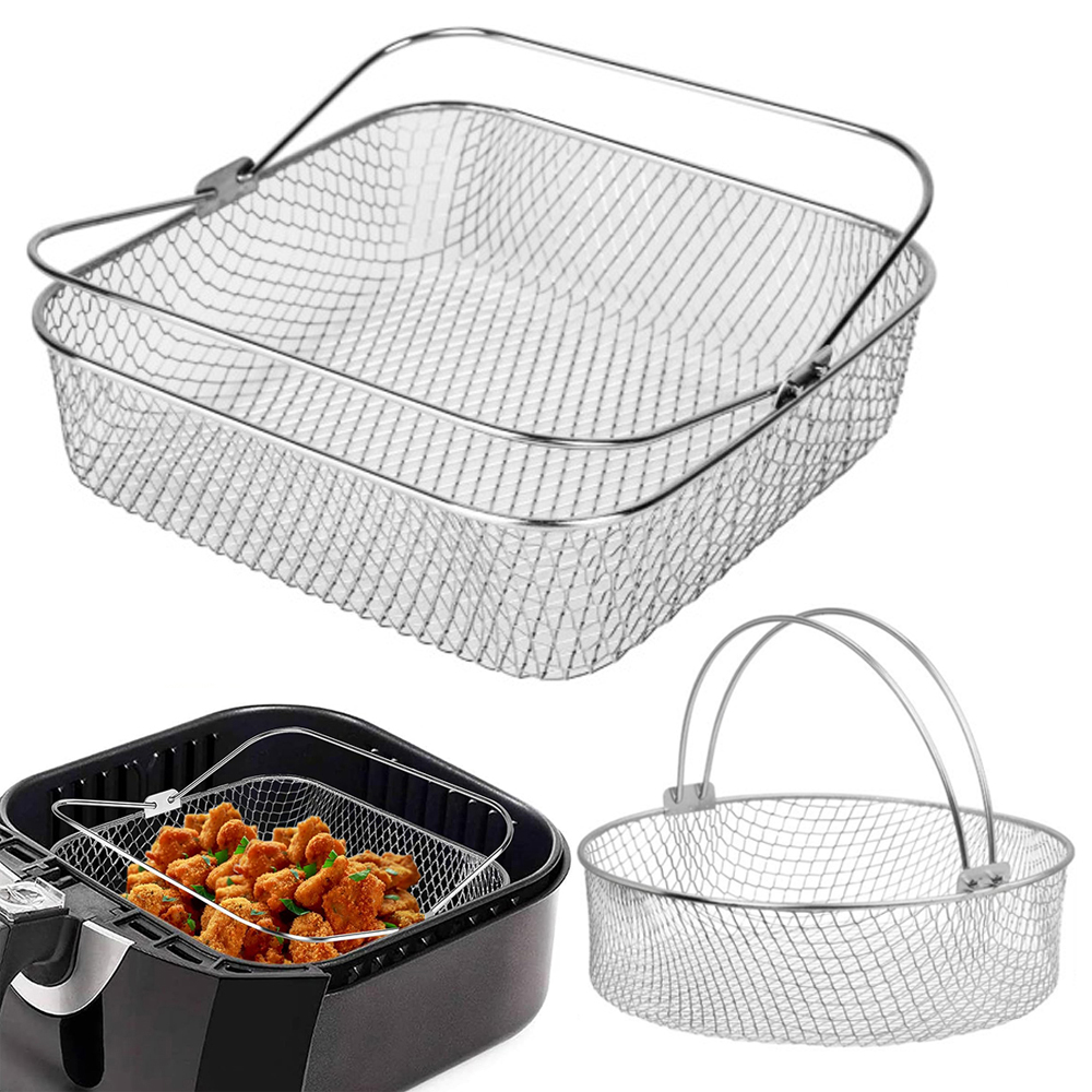 Freidora de aire de 20cm, cesta de malla redonda cuadrada de acero inoxidable, cesta de vapor para freidora de aire con mango, cesta para freidora de aire de Metal