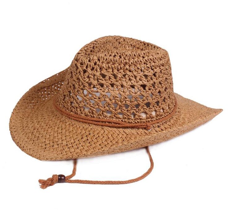 Mænd cowboy western hat unisex hæklet halm chapeau voksen panama kasket udendørs strand hatte og kasketter til mænd sommer hat kvinder: Kamel