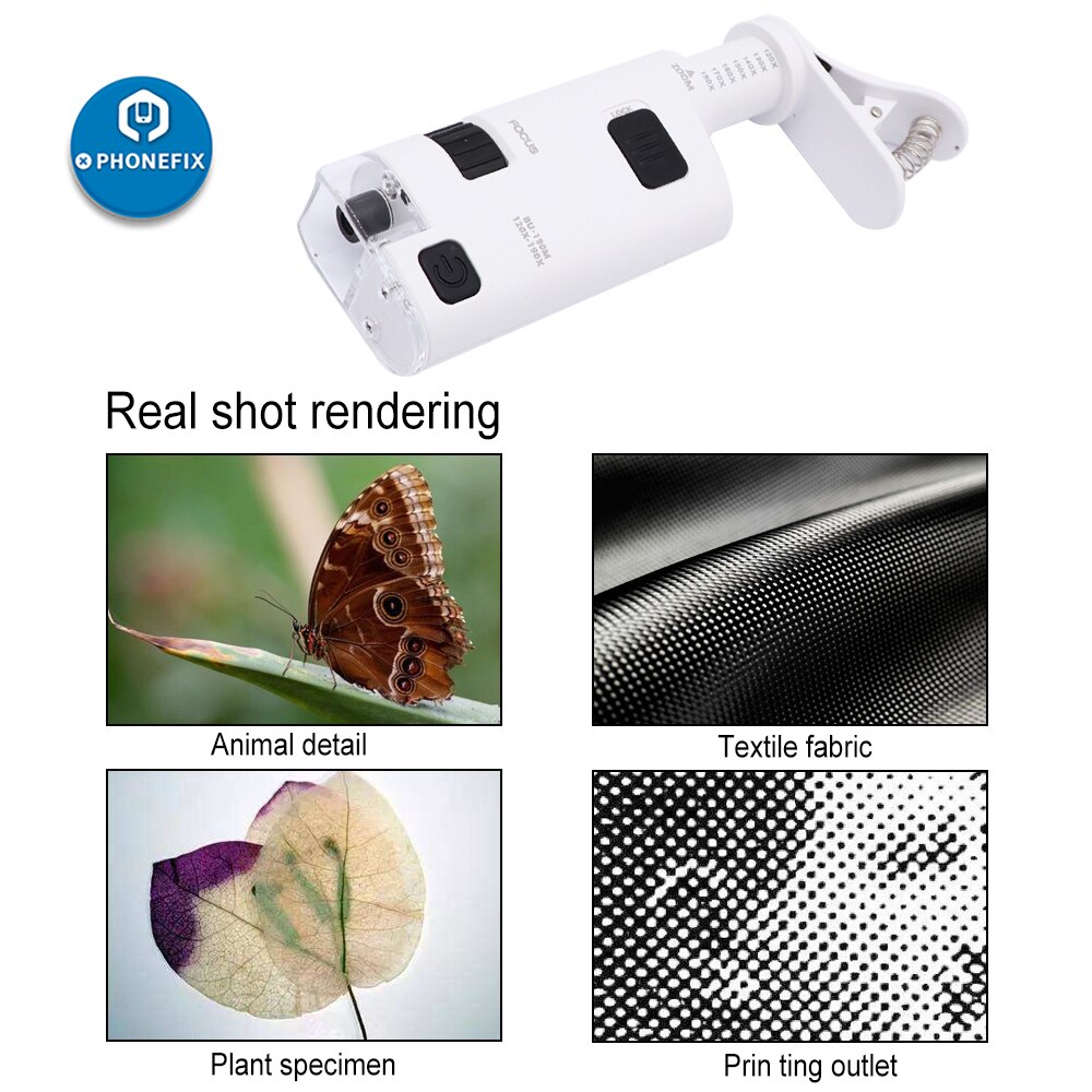 Handheld 120X/190X Mobile Phone Microscope with Cell Phone Clip Pocket Magnifying Glass LED UV Light for Jade Identification