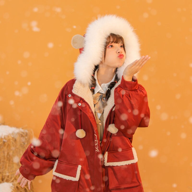 2021 grube ciepłe damskie zimowe ocieplane kurtki duże parki z futrzanym kołnierzem Kawaii luźne Harajuku dla kobiet ponadgabarytowe nadrukowana bluza z kapturem czerwone ubrania