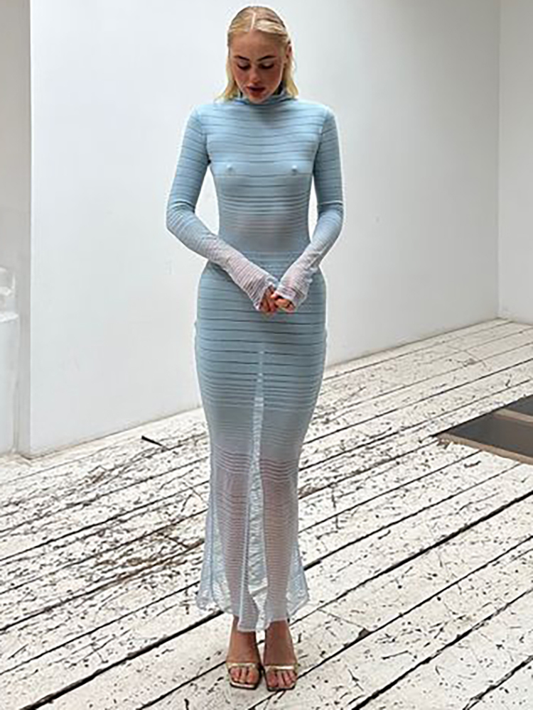 Julissa Mo Gebreide Sexy Doorziende Maxi Jurk Voor Vrouwen Roze Coltrui Lange Mouw Avondjurk Zomer Skinny Elegante Strandkleding