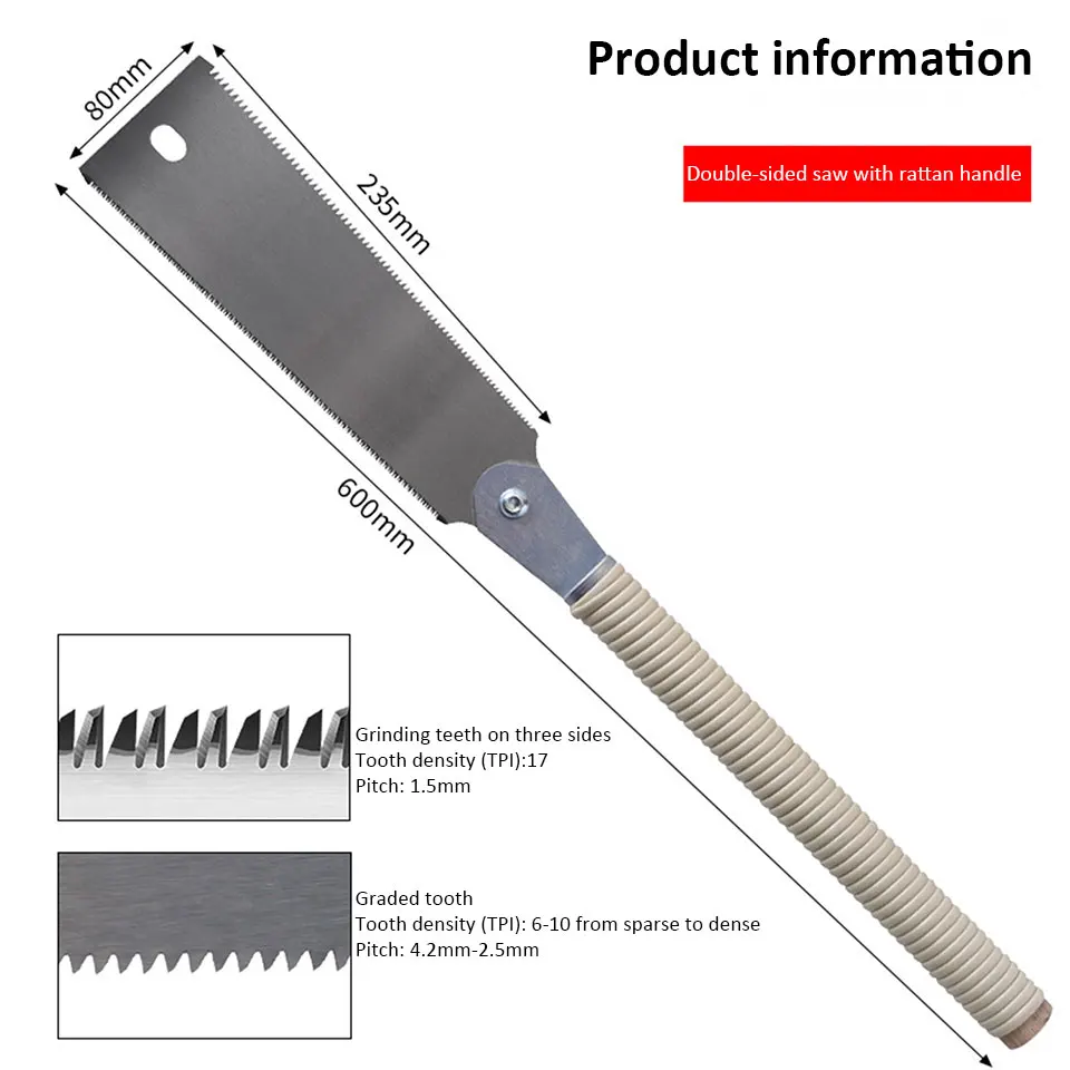 Sierra de mano de estilo japonés SK5, sierra de tracción de doble/un solo filo, mango antideslizante de madera de ratán PE, sierra de corte al ras, herramienta de corte para carpintería