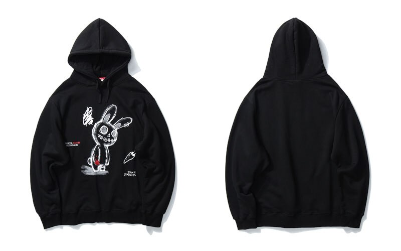 GONTHWID Carrot Smiling Rabbit Print Sweatshirts Streetwear Mens Hooded Hoodies Hip Hop Harajuku Casual Pullover Coat: Black / XL